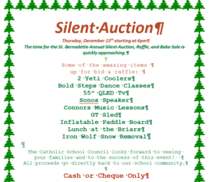Catholic School Council Silent Auction & Bake Sale:  Monday, December 19, 2022