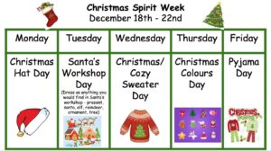 December 18-22 is Christmas Spirit Week at St. Bernadette!
